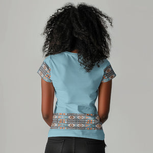 African Ndebele Traditional Attire Women V-Neck T-Shirt Blue Ndebele Stripe