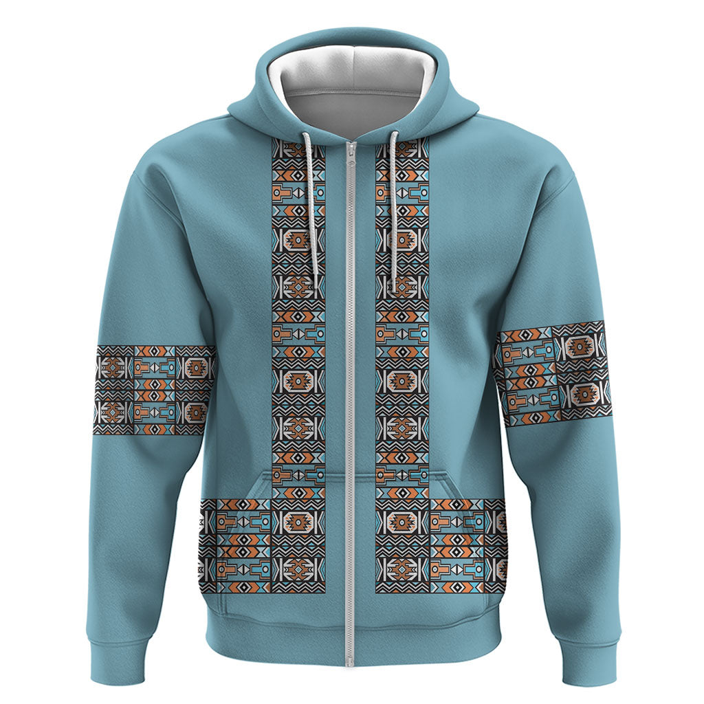 African Ndebele Traditional Attire Zip Hoodie Blue Ndebele Stripe