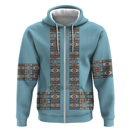 African Ndebele Traditional Attire Zip Hoodie Blue Ndebele Stripe