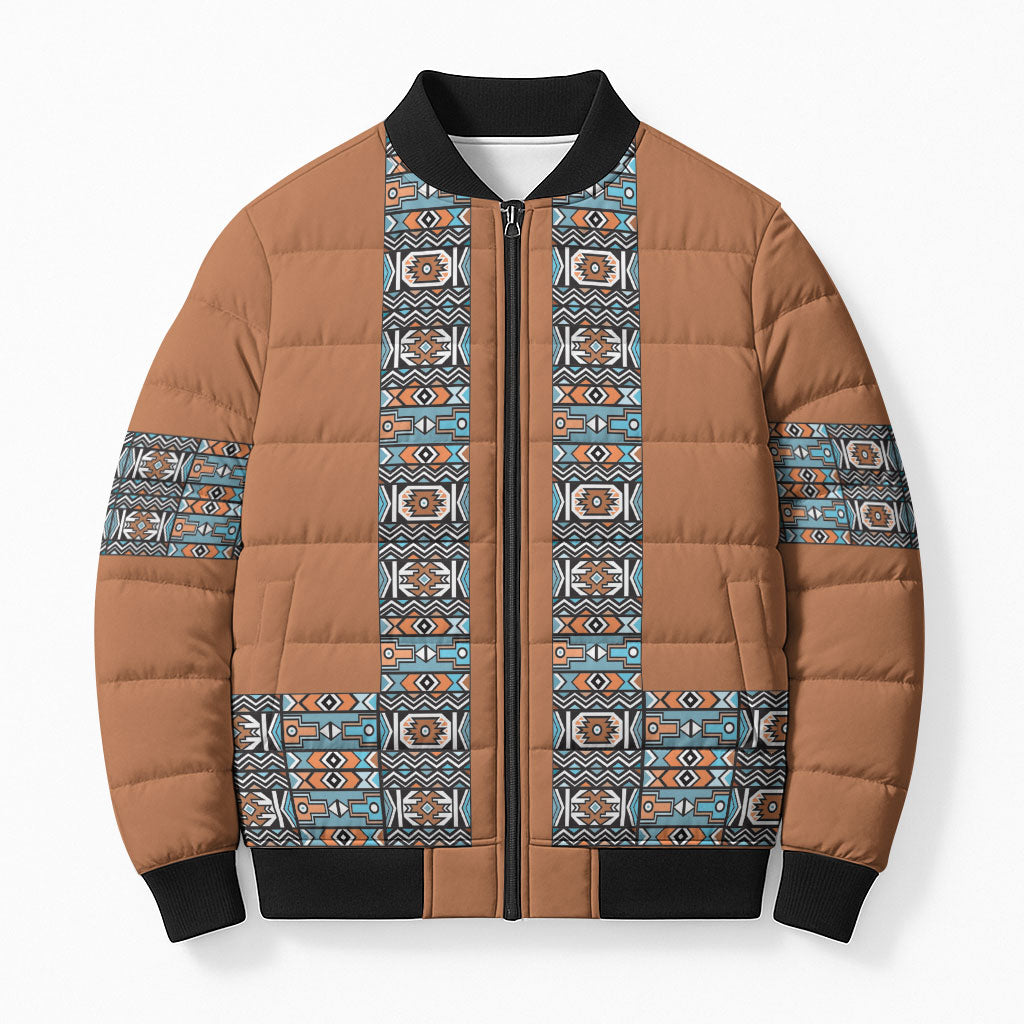 African Ndebele Traditional Attire Bomber Puffer Jacket Brown Ndebele Stripe