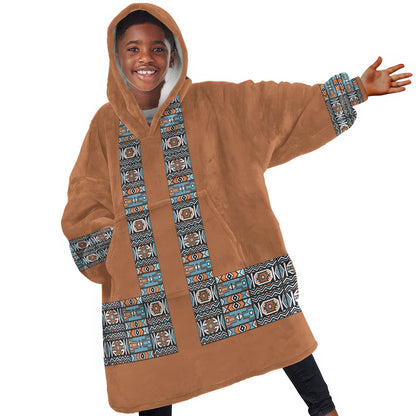 African Ndebele Traditional Attire Kid Wearable Blanket Hoodie Brown Ndebele Stripe