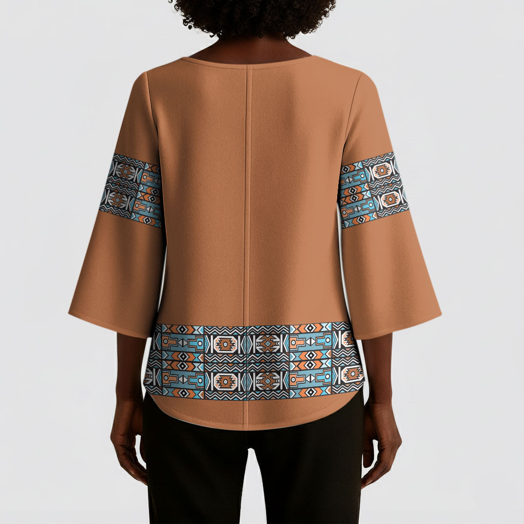 African Ndebele Traditional Attire Kimono Sleeve Blouse Brown Ndebele Stripe