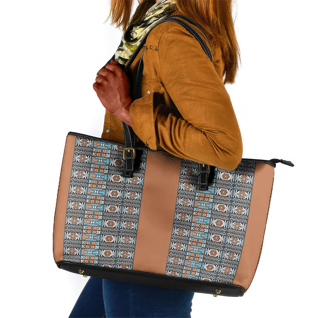 African Ndebele Traditional Attire Leather Tote Bag Brown Ndebele Stripe