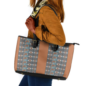 African Ndebele Traditional Attire Leather Tote Bag Brown Ndebele Stripe