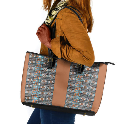African Ndebele Traditional Attire Leather Tote Bag Brown Ndebele Stripe