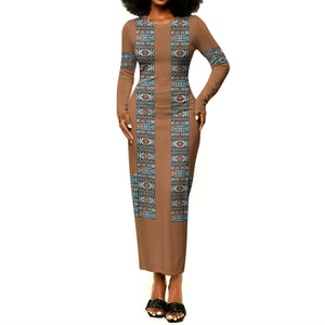 African Ndebele Traditional Attire Long Sleeve Bodycon Dress Brown Ndebele Stripe