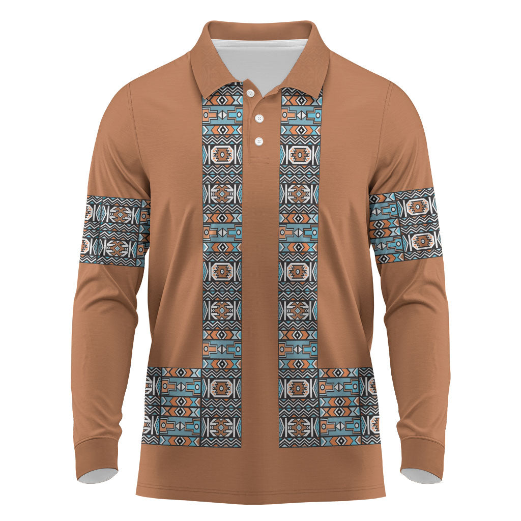 African Ndebele Traditional Attire Long Sleeve Polo Shirt Brown Ndebele Stripe