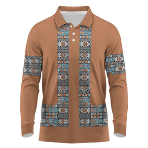 African Ndebele Traditional Attire Long Sleeve Polo Shirt Brown Ndebele Stripe
