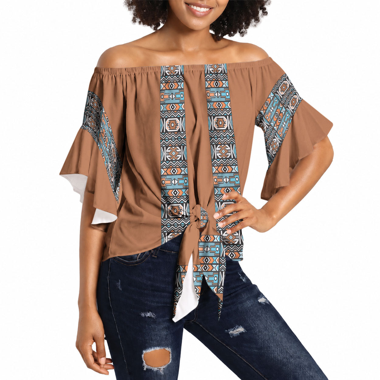 African Ndebele Traditional Attire Off Shoulder Wrap Waist Top Brown Ndebele Stripe