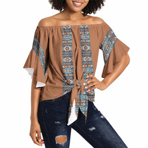 African Ndebele Traditional Attire Off Shoulder Wrap Waist Top Brown Ndebele Stripe