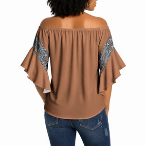 African Ndebele Traditional Attire Off Shoulder Wrap Waist Top Brown Ndebele Stripe