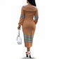 African Ndebele Traditional Attire Off The Shoulder Long Sleeve Dress Brown Ndebele Stripe
