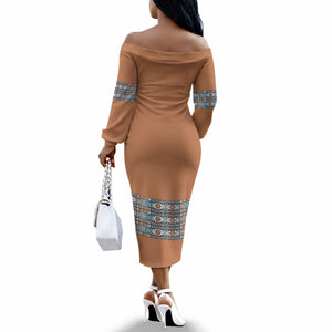 African Ndebele Traditional Attire Off The Shoulder Long Sleeve Dress Brown Ndebele Stripe