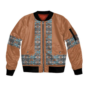 African Ndebele Traditional Attire Sleeve Zip Bomber Jacket Brown Ndebele Stripe