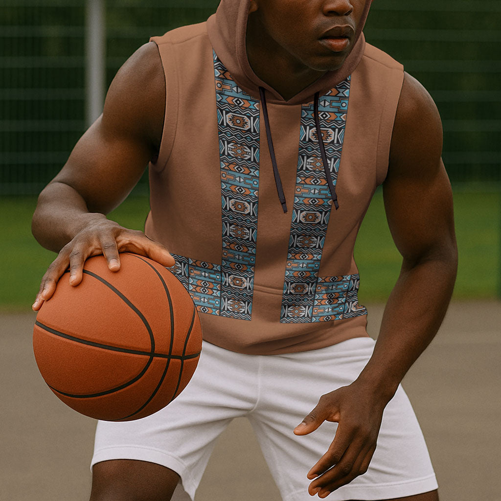 African Ndebele Traditional Attire Sleeveless Hoodie Brown Ndebele Stripe