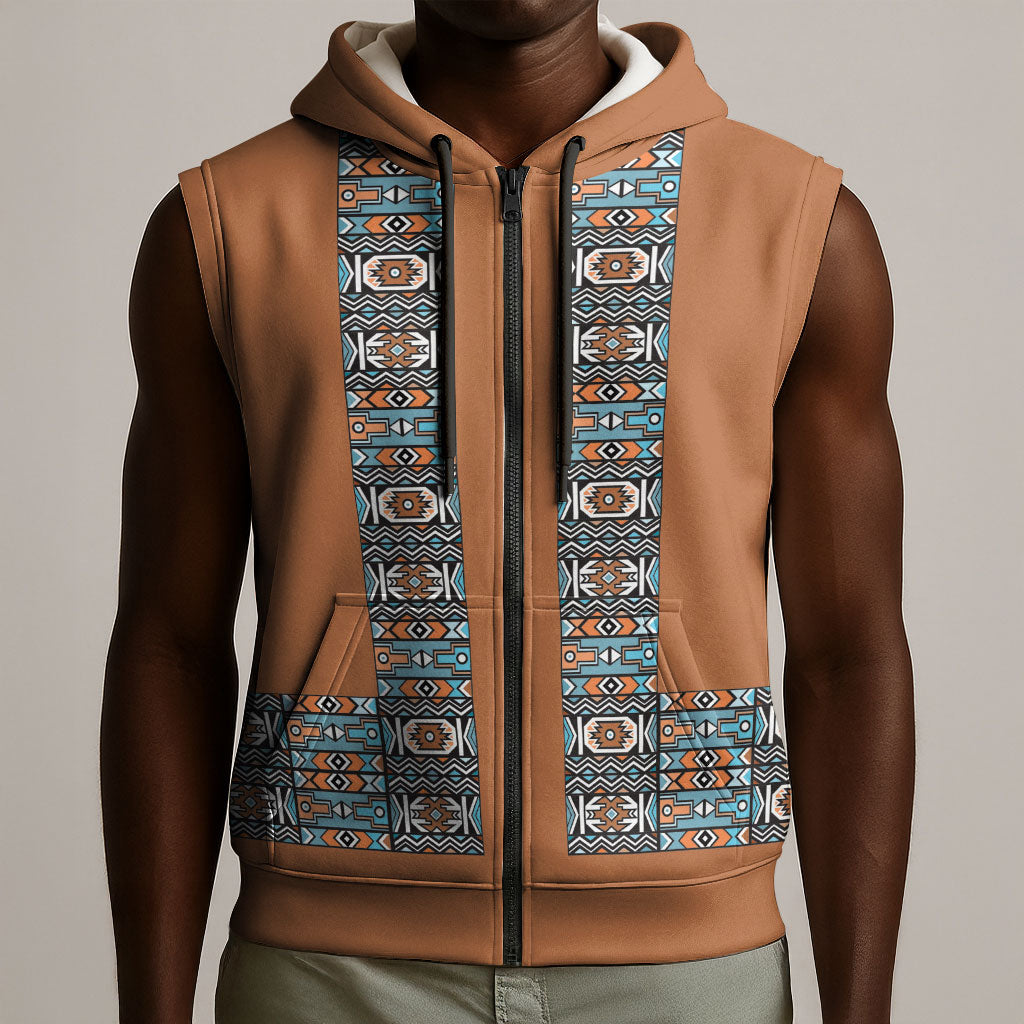 African Ndebele Traditional Attire Sleeveless Zip Hoodie Brown Ndebele Stripe