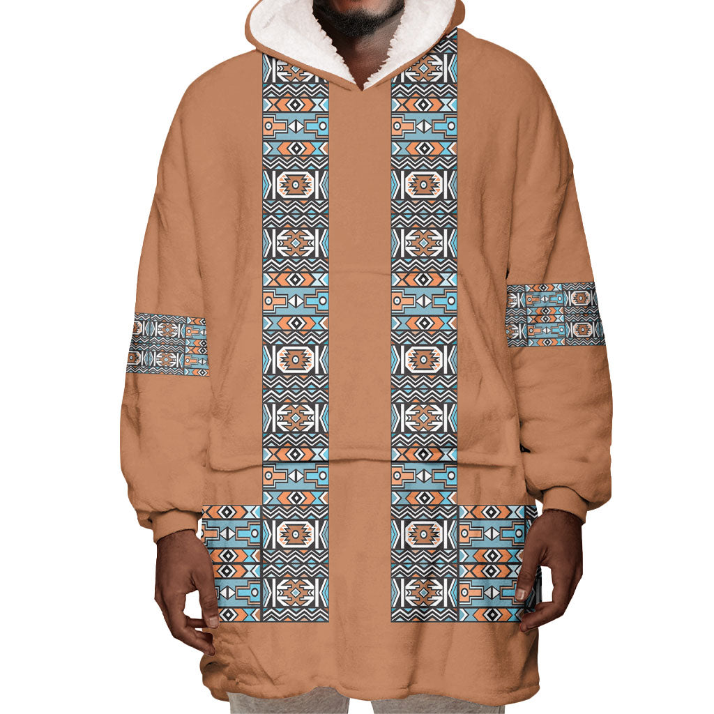 African Ndebele Traditional Attire Wearable Blanket Hoodie Brown Ndebele Stripe