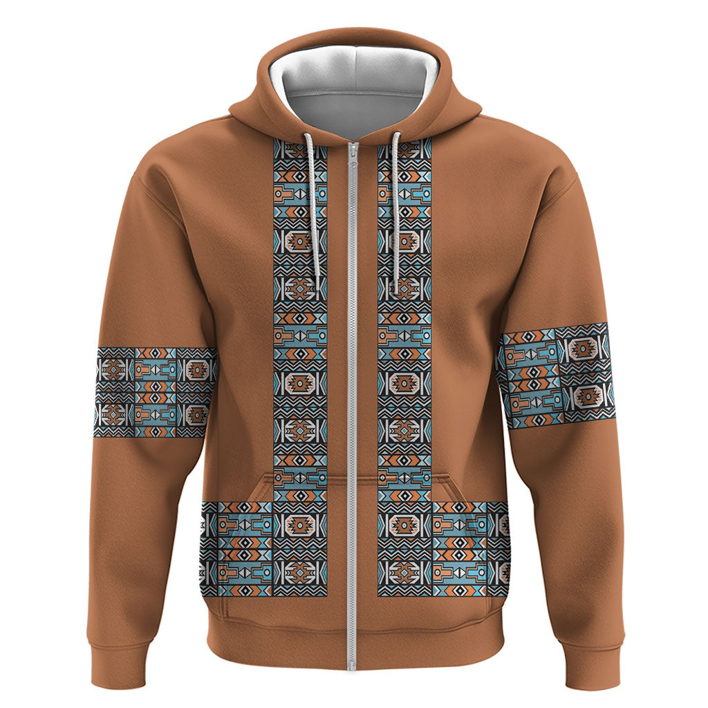 African Ndebele Traditional Attire Zip Hoodie Brown Ndebele Stripe