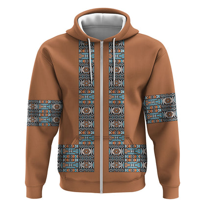 African Ndebele Traditional Attire Zip Hoodie Brown Ndebele Stripe