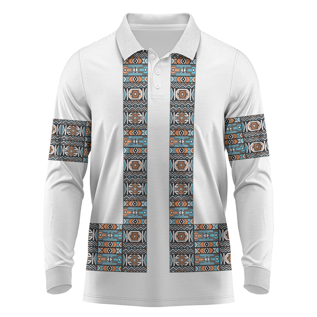 African Ndebele Traditional Attire Long Sleeve Polo Shirt White Ndebele Stripe