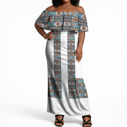 African Ndebele Traditional Attire Off Shoulder Maxi Dress White Ndebele Stripe