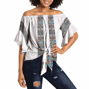 African Ndebele Traditional Attire Off Shoulder Wrap Waist Top White Ndebele Stripe