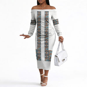 African Ndebele Traditional Attire Off The Shoulder Long Sleeve Dress White Ndebele Stripe