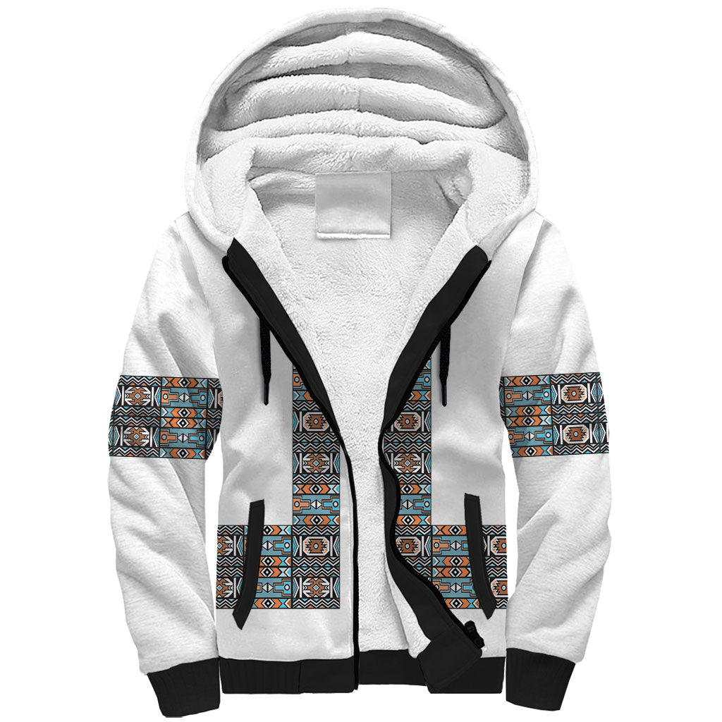 African Ndebele Traditional Attire Sherpa Hoodie White Ndebele Stripe
