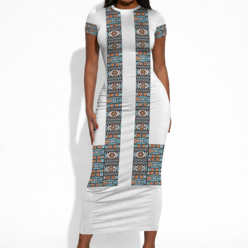 African Ndebele Traditional Attire Short Sleeve Bodycon Dress White Ndebele Stripe