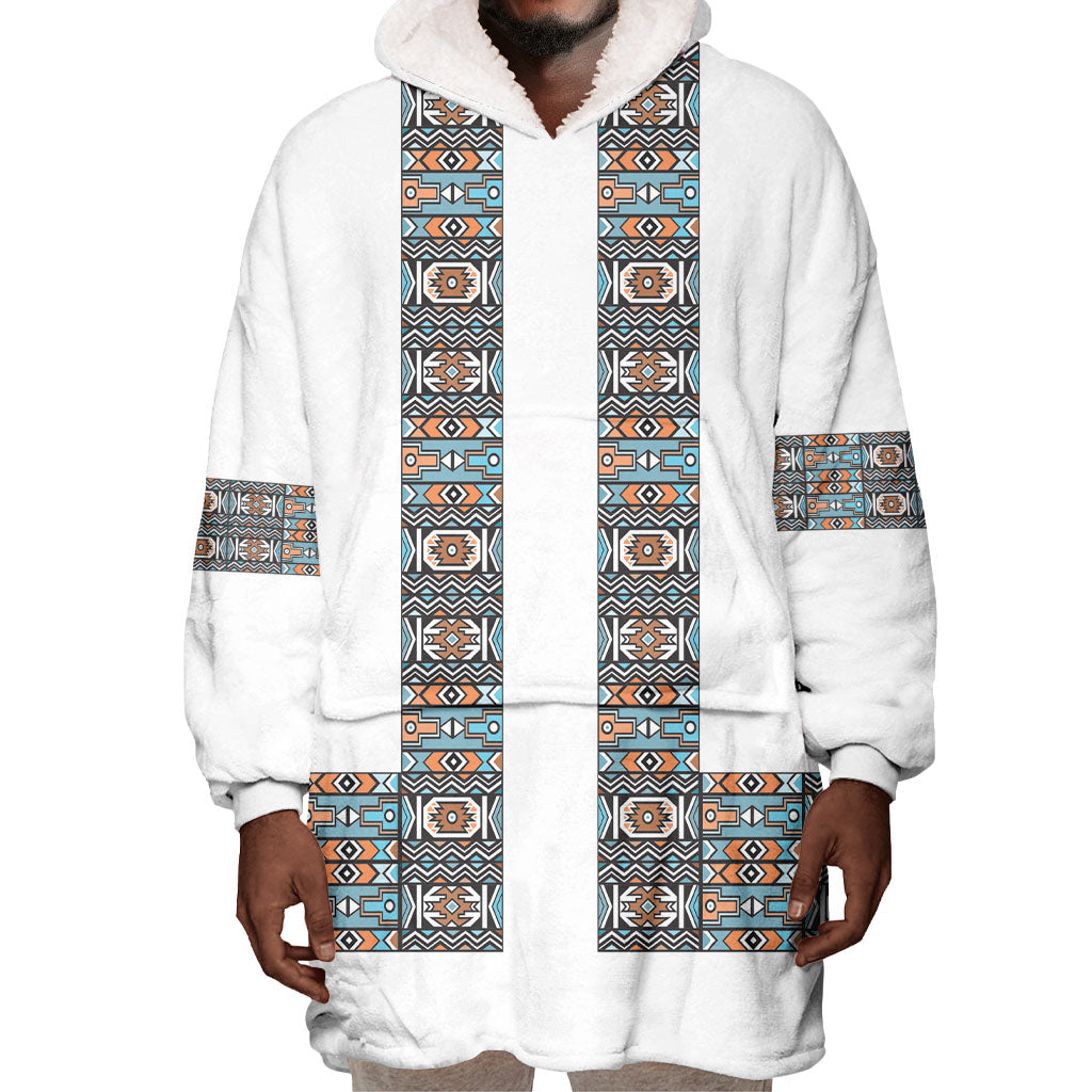 African Ndebele Traditional Attire Wearable Blanket Hoodie White Ndebele Stripe