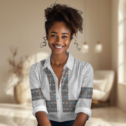 African Ndebele Traditional Attire Women Casual Shirt White Ndebele Stripe
