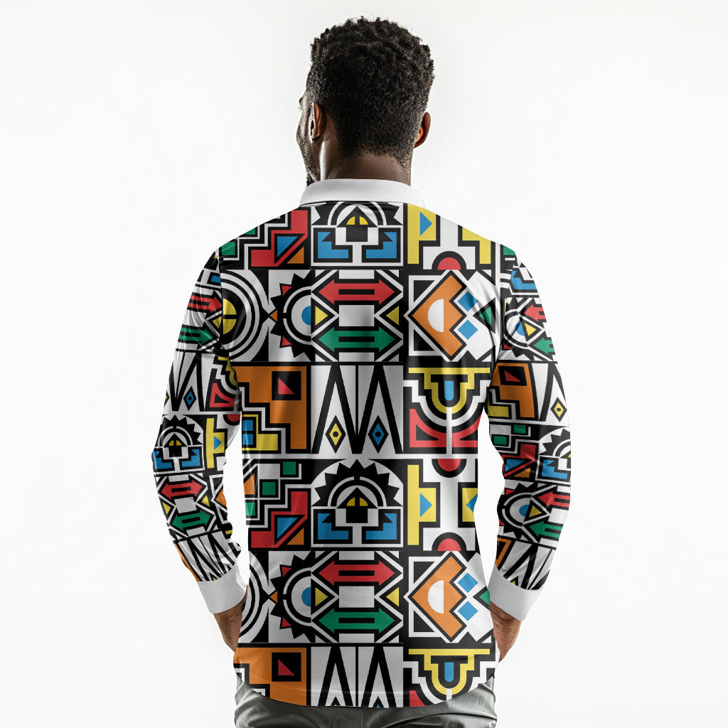 African Geometric Ndebele Patterns Long Sleeve Polo Shirt