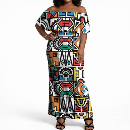 African Geometric Ndebele Patterns Off Shoulder Maxi Dress