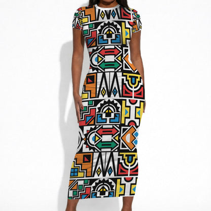 African Geometric Ndebele Patterns Short Sleeve Bodycon Dress
