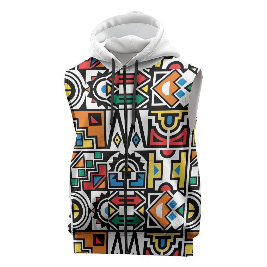 African Geometric Ndebele Patterns Sleeveless Zip Hoodie
