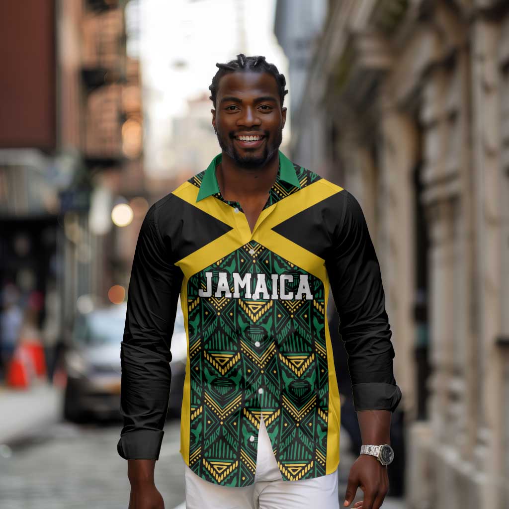 Afro-Jamaicans Football Custom Long Sleeve Button Shirt Black Ethnic Motifs