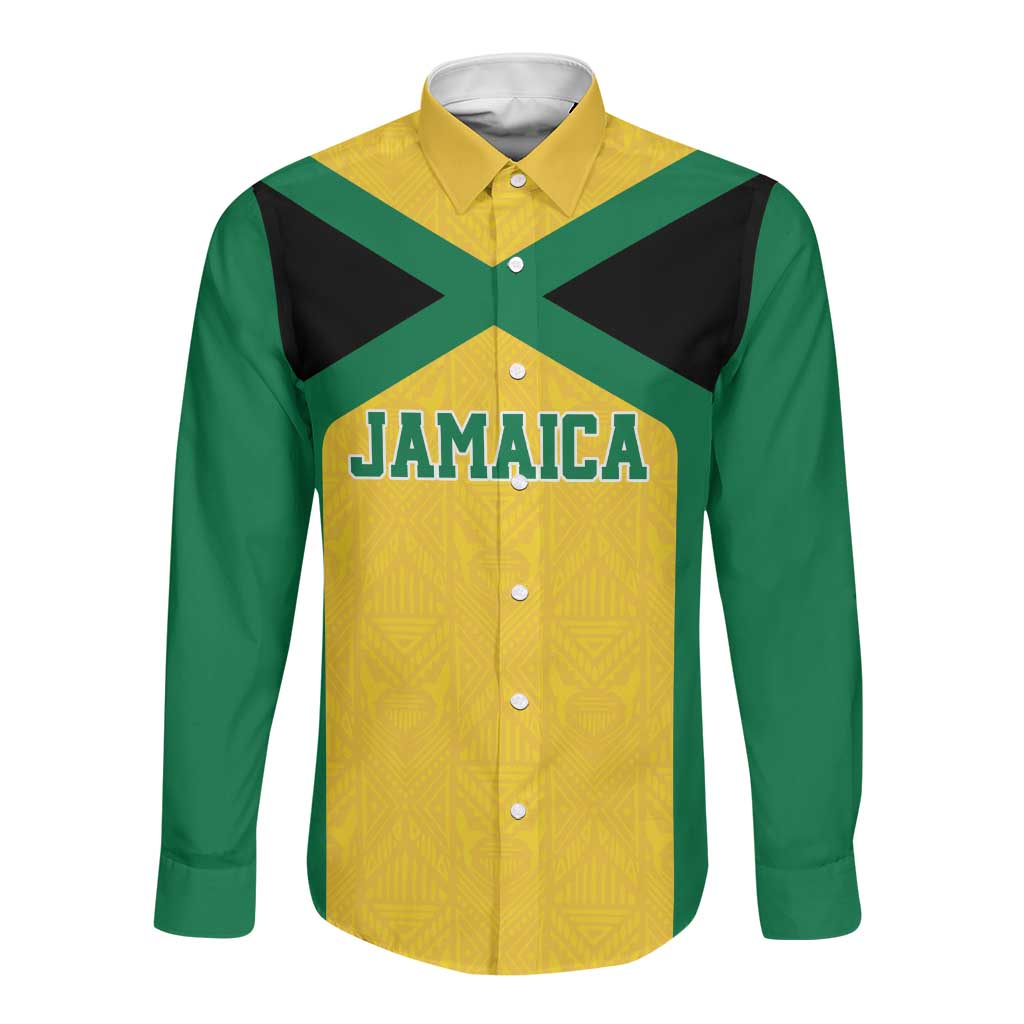 Afro-Jamaicans Football Custom Long Sleeve Button Shirt Gold Ethnic Motifs