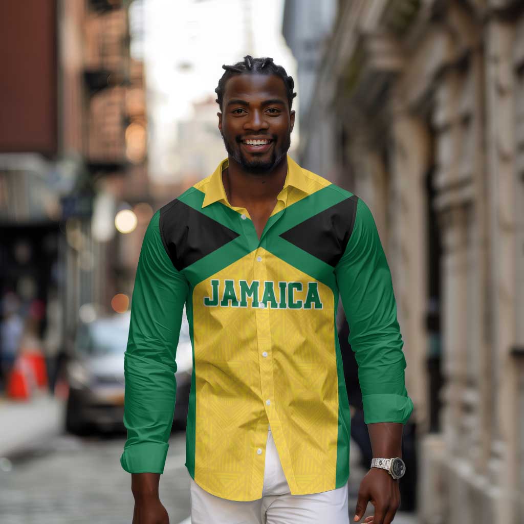 Afro-Jamaicans Football Custom Long Sleeve Button Shirt Gold Ethnic Motifs