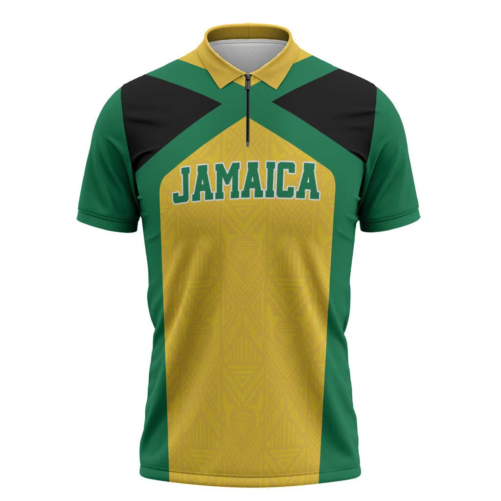 Afro-Jamaicans Football Custom Zipper Polo Shirt Gold Ethnic Motifs