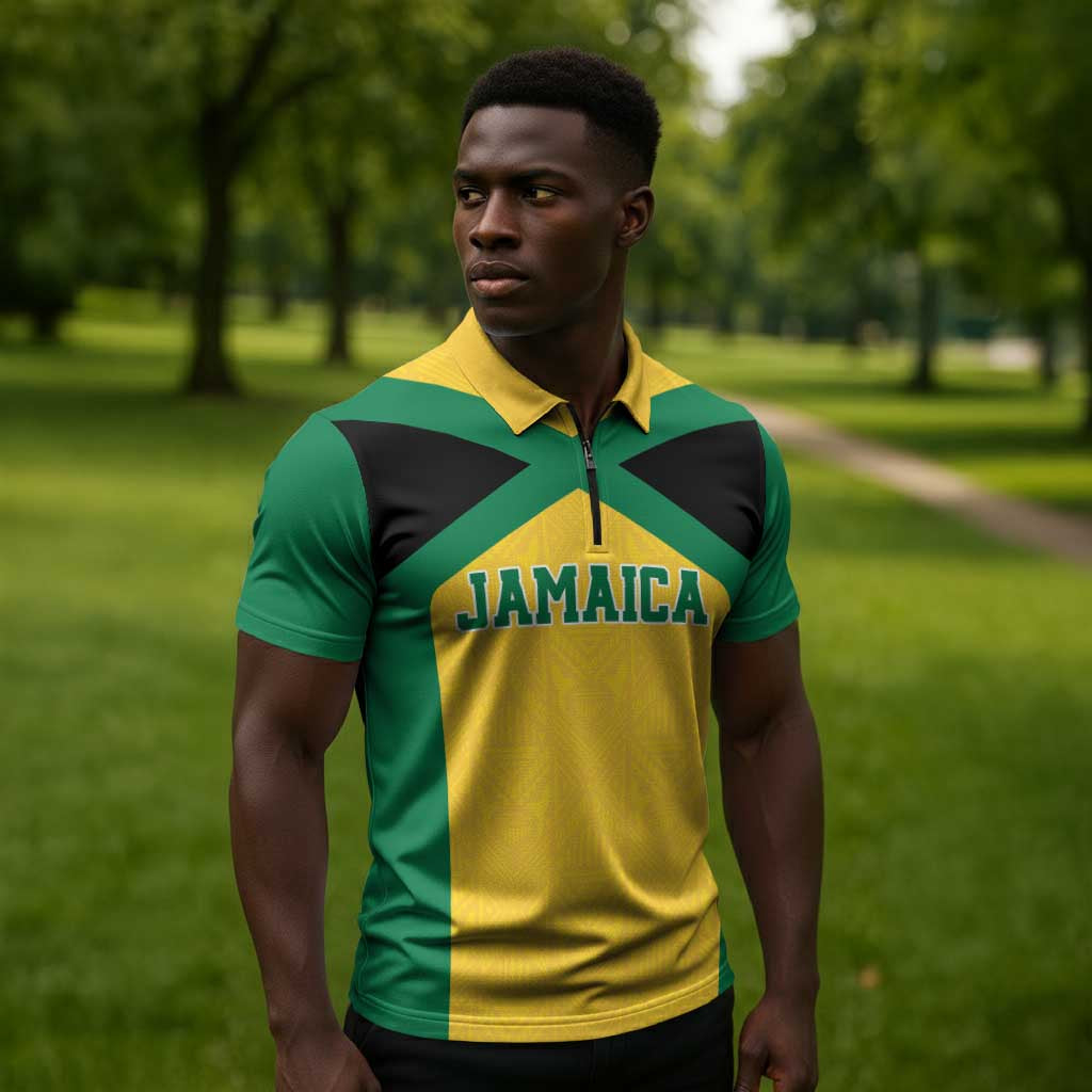 Afro-Jamaicans Football Custom Zipper Polo Shirt Gold Ethnic Motifs