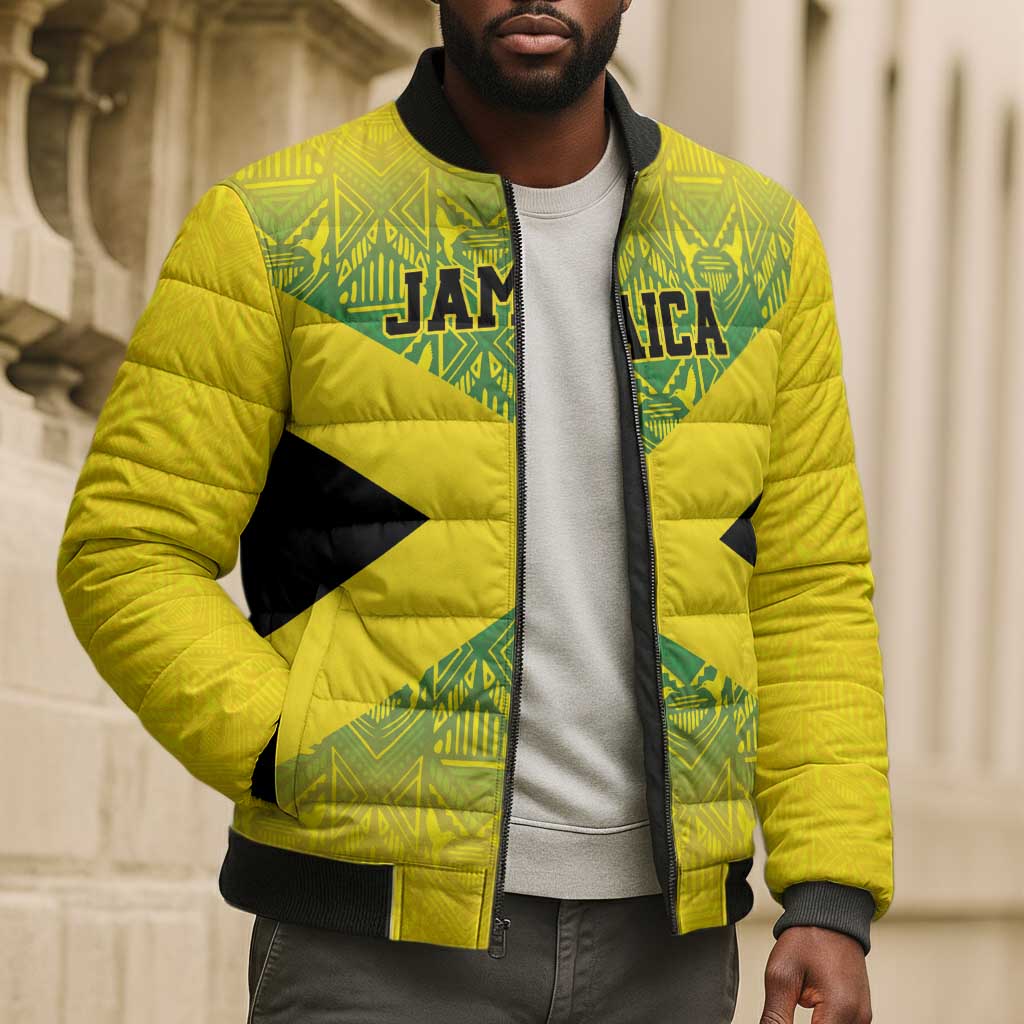 Afro-Jamaicans Custom Bomber Puffer Jacket Reggae Boyz With Traditional Pattern