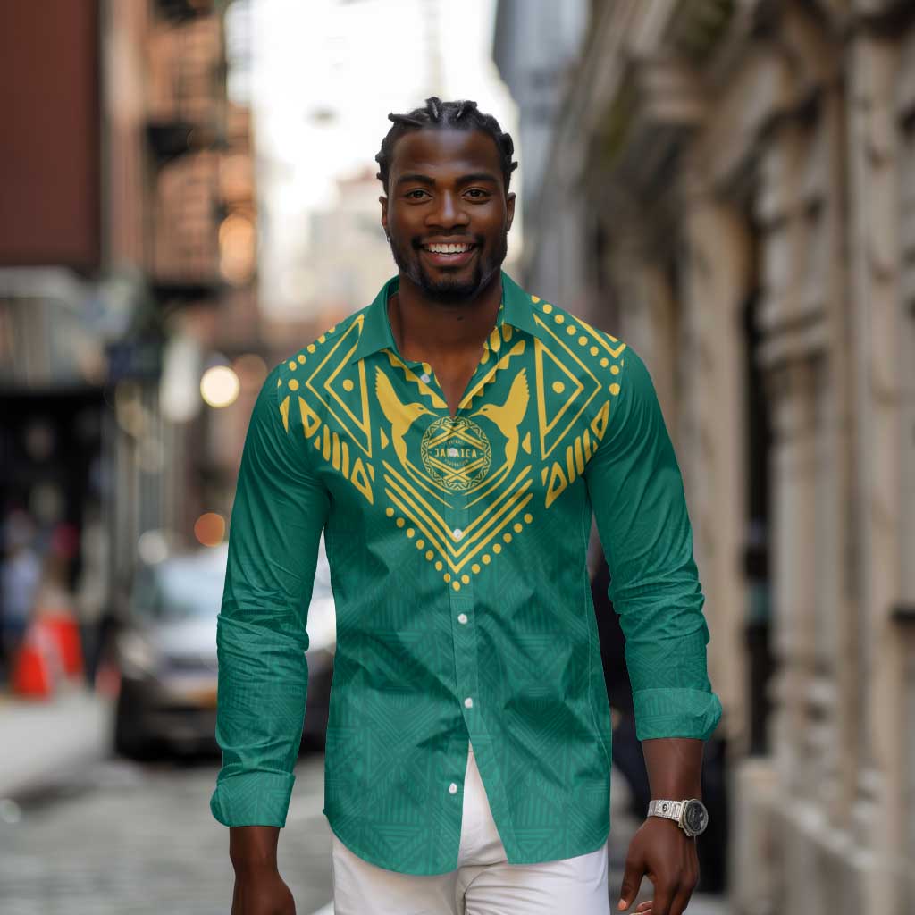 Afro-Jamaicans Tribal Custom Football Long Sleeve Button Shirt Green Style