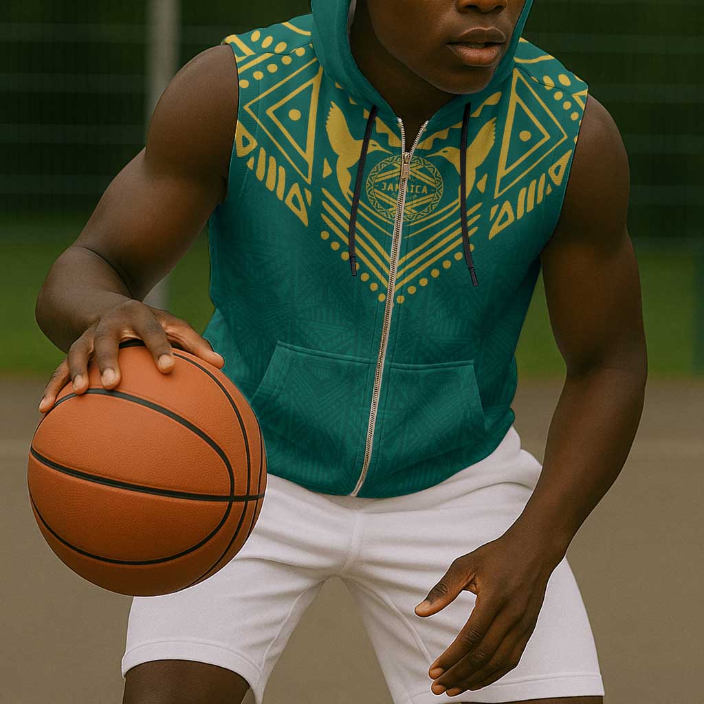 Afro-Jamaicans Tribal Custom Football Sleeveless Zip Hoodie Green Style - African Pride