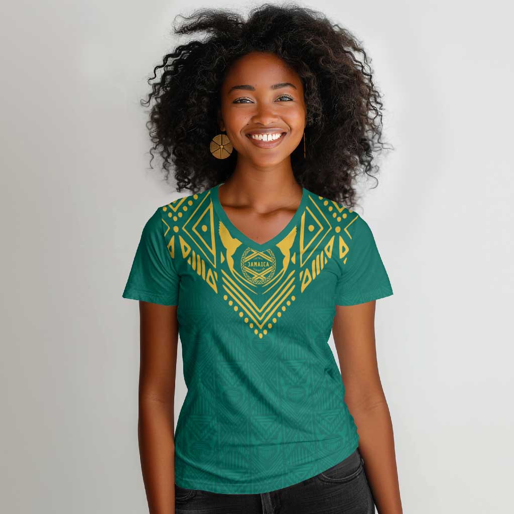 Afro-Jamaicans Tribal Custom Football Women V-Neck T-Shirt Green Style