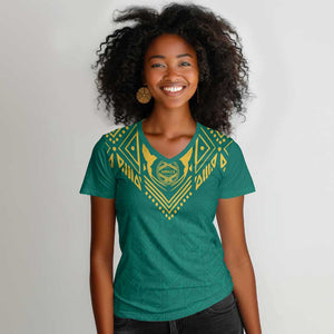 Afro-Jamaicans Tribal Custom Football Women V-Neck T-Shirt Green Style