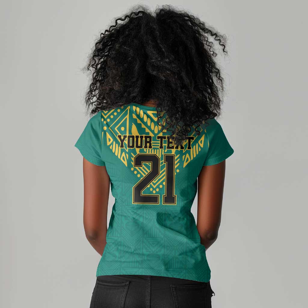 Afro-Jamaicans Tribal Custom Football Women V-Neck T-Shirt Green Style