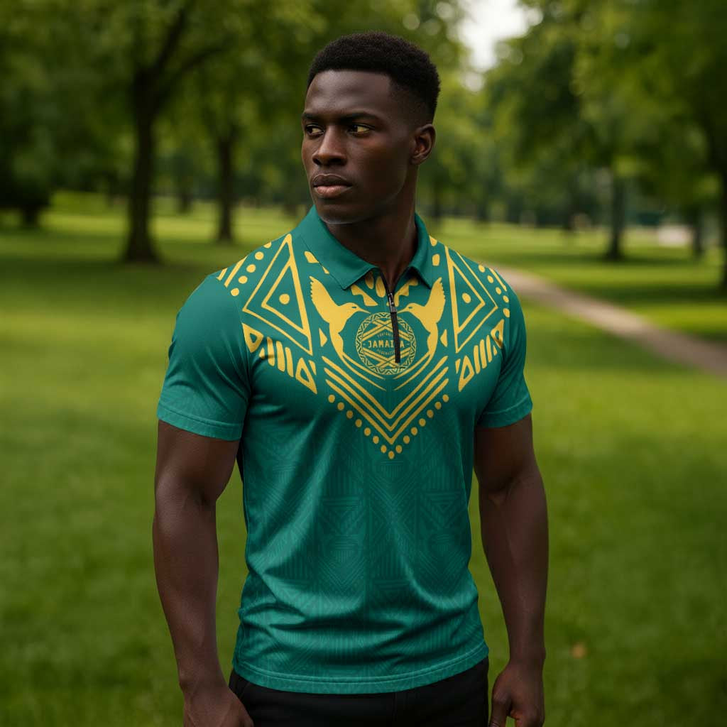 Afro-Jamaicans Tribal Custom Football Zipper Polo Shirt Green Style