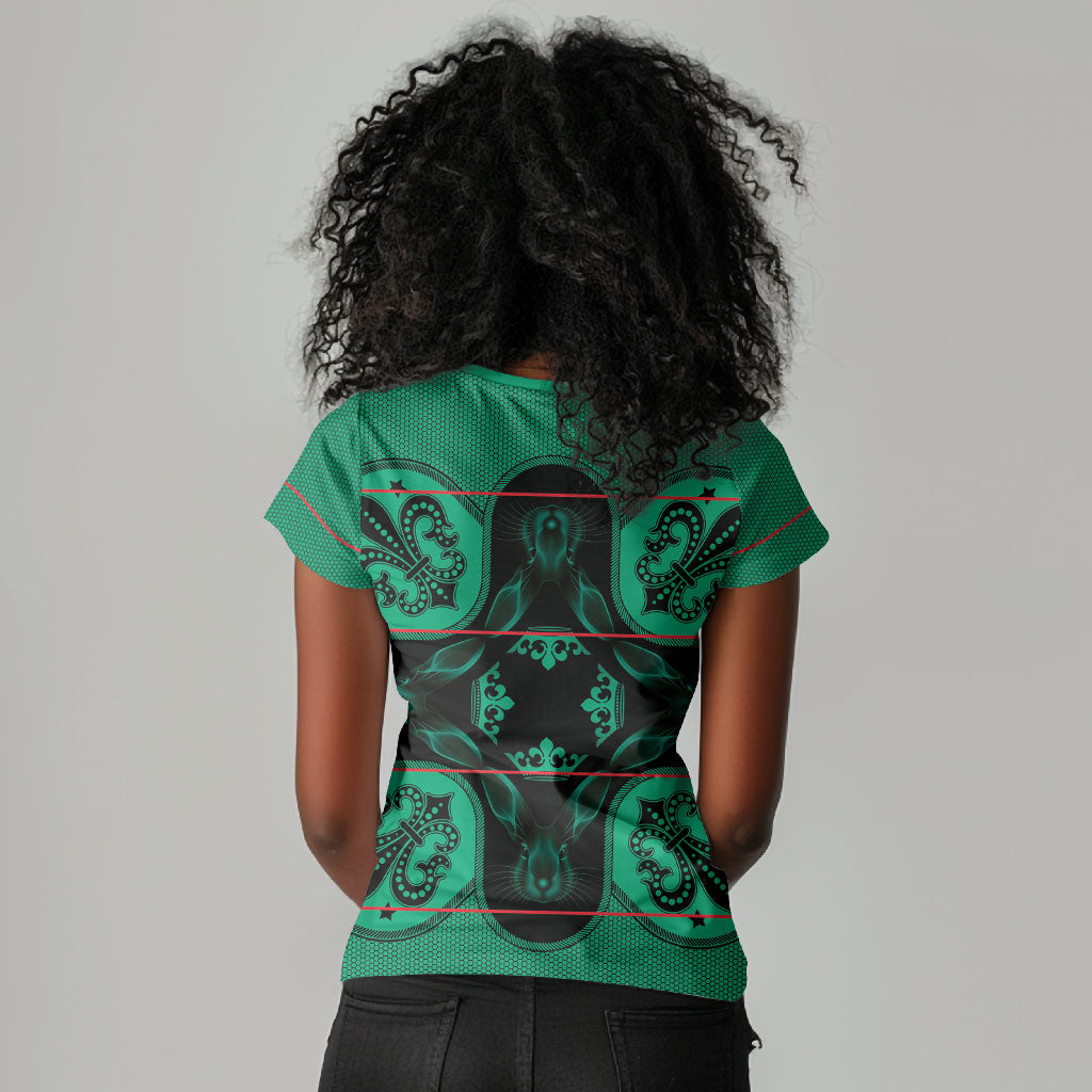 Bafokeng Rabbit Crown Palesa ea kharanium Women V-Neck T-Shirt Green Seanamarena Basotho Blanket Inspired