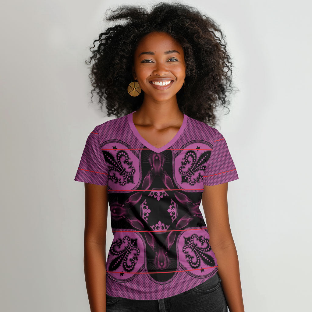 Bafokeng Rabbit Crown Palesa ea kharanium Women V-Neck T-Shirt Pink Seanamarena Basotho Blanket Inspired