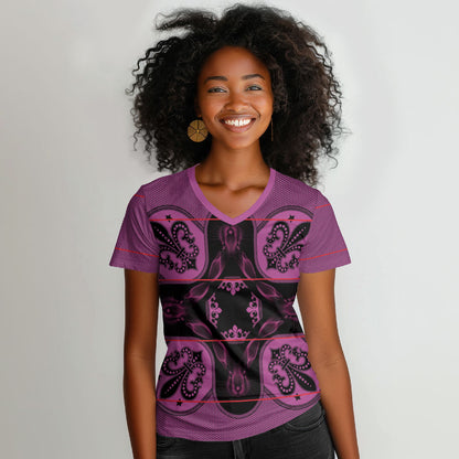 Bafokeng Rabbit Crown Palesa ea kharanium Women V-Neck T-Shirt Pink Seanamarena Basotho Blanket Inspired